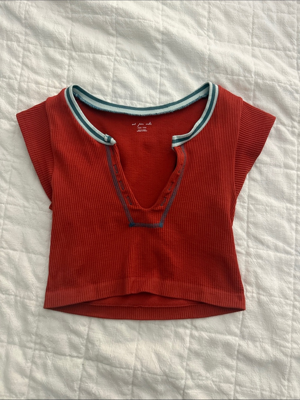 Urban Outfitters Red Ribbed V-Notch Crop Top with Contrast Trim
